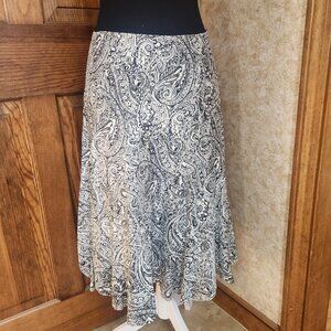 Areli Collection Silk Midi Skirt Black White Paisley Trumpet Sz 6 Scalloped Hem